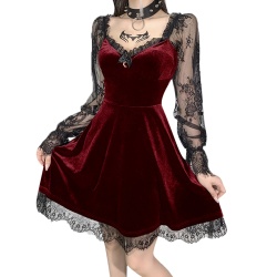 rotes Gothic Vampir Mini Kleid mit Spitze und Hoher Taille Bodycon Kleid Vintage Punk in M oder L